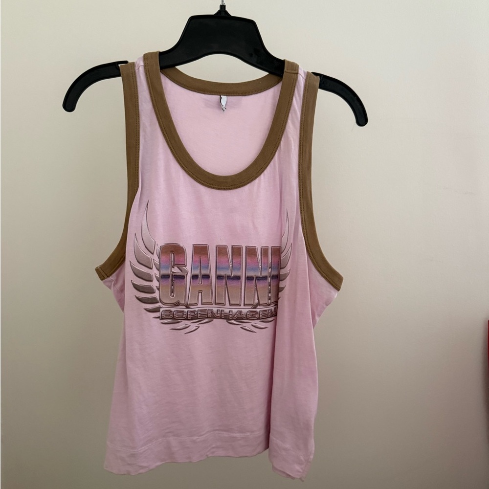Ganni Pink Tank Top with Brown Trim